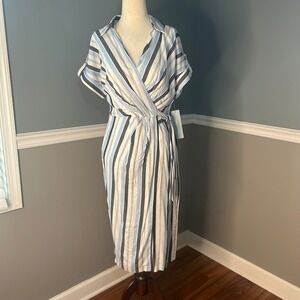 London Times‎ Striped faux Wrap Dress Midi Casual Career Blue White Size 6